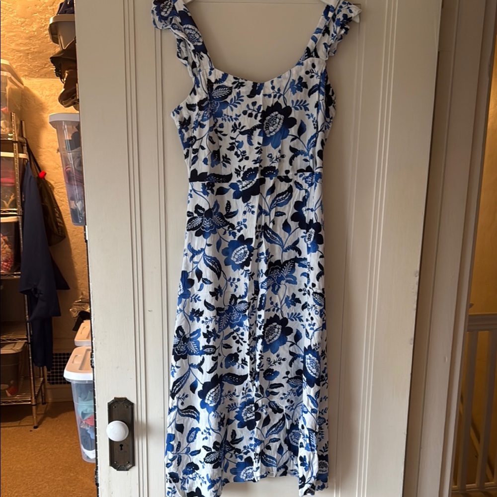 LOFT Blue Sundress with Flutter Sleeves and One Shoulder Neckline